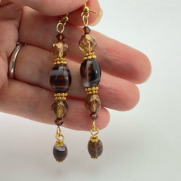 Art Glass Dangle Earrings, Handmade, Vintage Brown Swirl Beads, Crystals, BoHo - Picture 6 of 10
